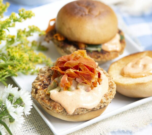 Marukan White Bean Ponzu Burgers with Quick Ponzu Pickles