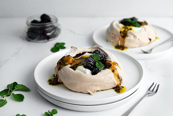 Marukan Mini Chocolate Pavlovas with Passion Fruit and Sweet Pickled Blackberries