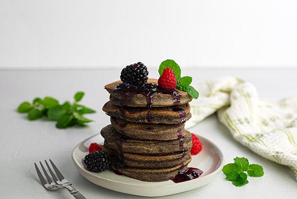 Marukan Buckwheat Pancakes with Blueberry Caramel Sauce and Fresh Berries