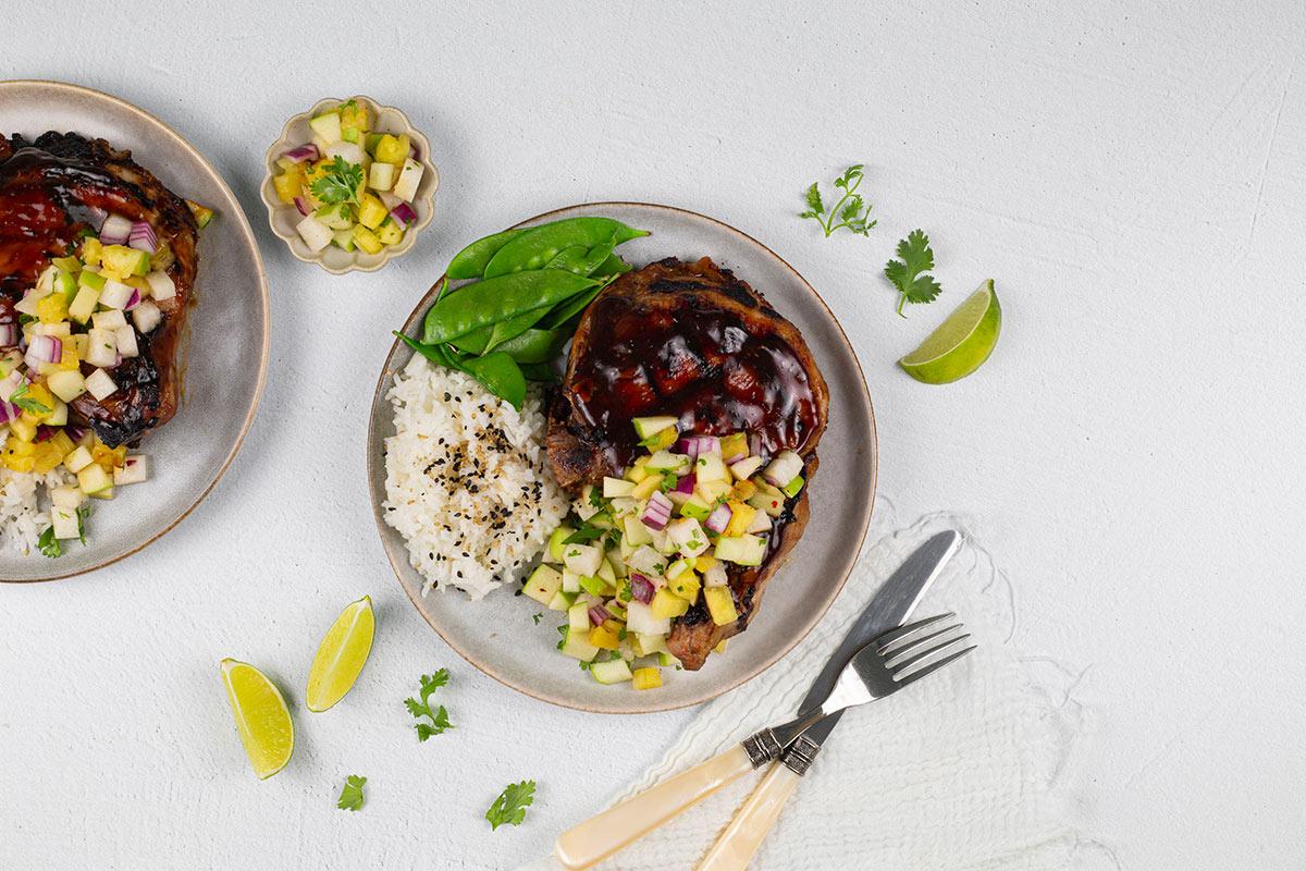 Marukan Grilled Teriyaki Pork Chops with Pickled Pineapple, Jicama and Apple Chutney