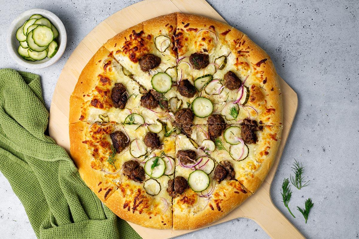 Marukan Meatball & Pickle Pizza with Whipped Dill Cream Cheese