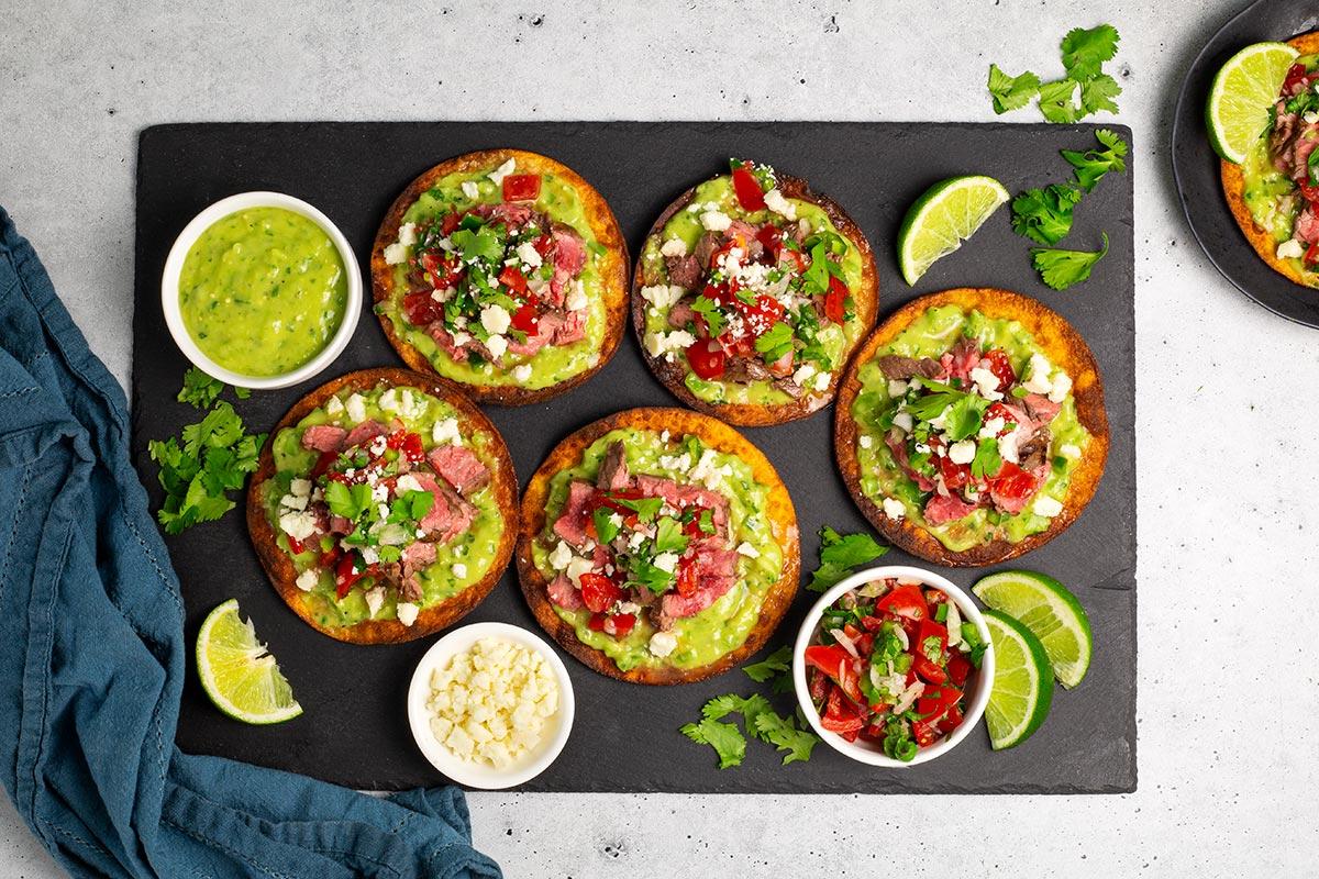 Marukan Carne Asada Tostadas with Pico de Gallo and Avocado Salsa